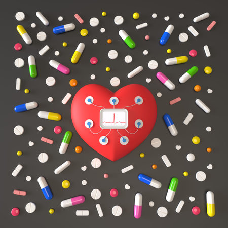 Toy heart with holter and sensors, pills on a dark gray background. 3d rendering