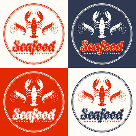 Seafood restaurant logo vector illustration set. Market emblem, crayfish and shrimps silhouette. Ribbon Letteringのイラスト素材