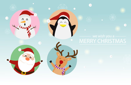 Merry Christmas and Happy New Year greeting card with Santa Claus, Reindeer, Snowman and penguin.のイラスト素材
