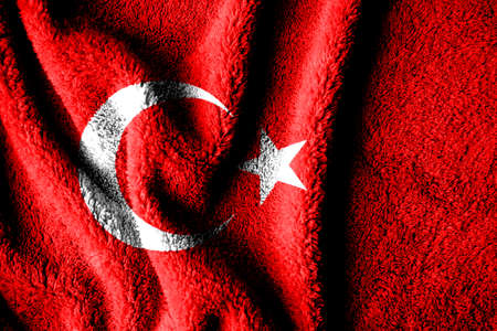 Towel fabric pattern flag of Turkey. The texture of the wrinkled surface of the fabric. Close-up view.の写真素材