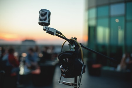 close up shot of musical microphone; professional audio equipment for concerts and conferences;の写真素材