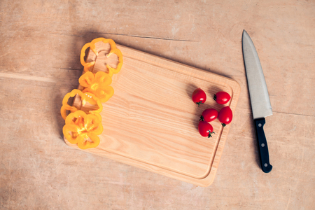 top view of kitchen equipment and fresh vegetablesの写真素材