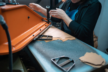 people working with press machinery for cutting shoe leather