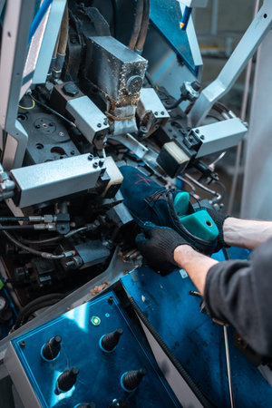 male work with footwear assembling machine on fabric