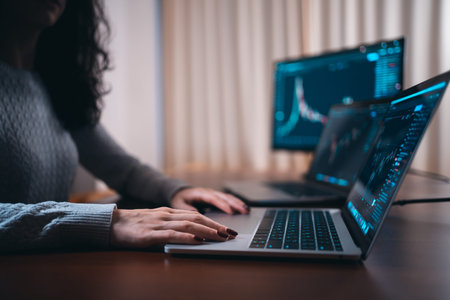 brunette female trade forex or cryptocurrency at home