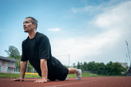 young athlete push up and plank at stadium outdoor