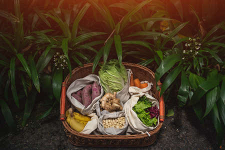 eco friendly and reusable zero waste cotton bags in basketの写真素材