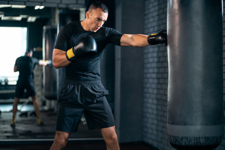 athletic sport man boxer training with punching bag or exercising in gymの写真素材