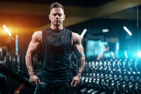 young handsome sportsman bodybuilder with muscle body have workout in gym