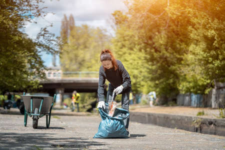 volunteer female cleaning up park and tree from plastic litter with garbage bagの写真素材
