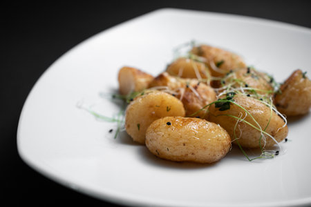 closeup of tasty roasted potatoes with microgreen on plate on black backgroundの写真素材