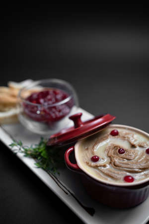close up of goose meat liver pate with cranberry and bread on black backgroundの写真素材