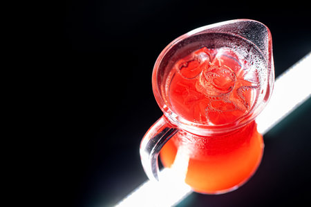 red berry lemonade or strawberry drink with ice in glass jug on black background