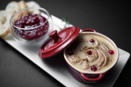 close up of goose meat liver pate with cranberry and bread on black background