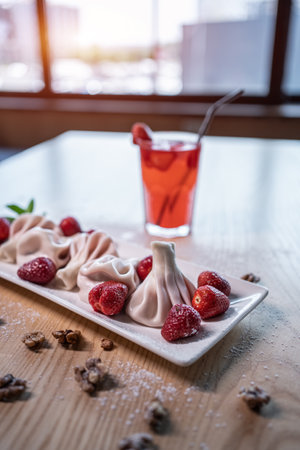 sweet dumplings or khinkali with strawberry and cold red lemonade drink on tableの写真素材