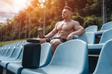 protein whey in black container and athletic man sitting with shaker outdoorの写真素材
