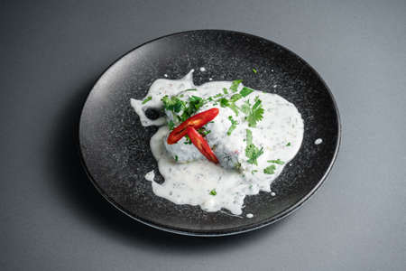 traditional georgian food gebjalia with matsoni cheese and red chili pepperの写真素材
