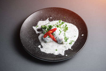 traditional georgian food gebjalia with matsoni cheese and red chili pepperの写真素材