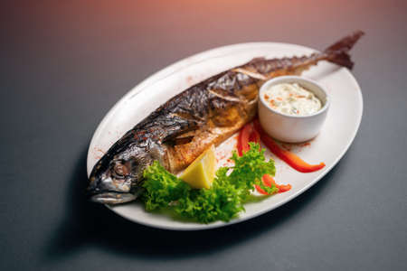 closeup of baked mackerel fish with sauce on white plate on black backgroundの写真素材