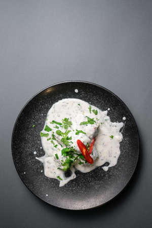 traditional georgian food gebjalia with matsoni cheese and red chili pepperの写真素材
