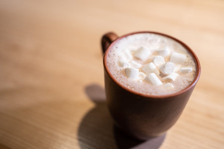 cup with hot chocolate cocoa drink and sweet marshmallow on wooden table