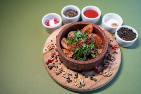 georgian cuisine dish or roasted veal brain with tomato, cilantro and spiceの写真素材
