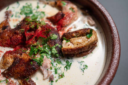 closeup of georgian chkmeruli chiken meat with cream sauce and cilantro in bowlの写真素材