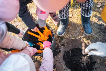 children dig black soil with shovel or help to planting tree sapling outdoor