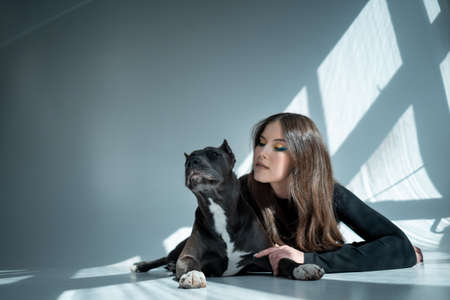 young beautiful female play with staffordshire terrier dog at hoeの写真素材