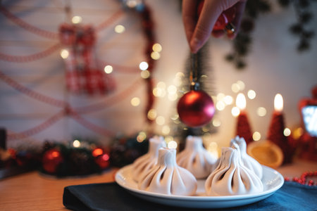traditional georgian or armenian khinkali food with meat or cheese on christmasの写真素材