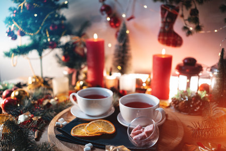 two cups of black or berry red hot english christmas tea with decor and candleの写真素材
