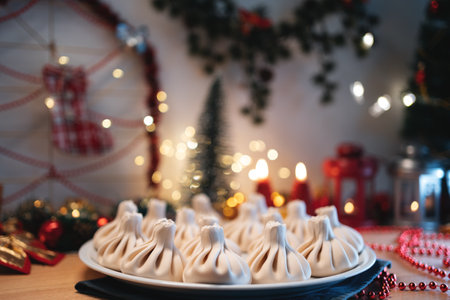 traditional georgian or armenian khinkali food with meat or cheese on christmasの写真素材
