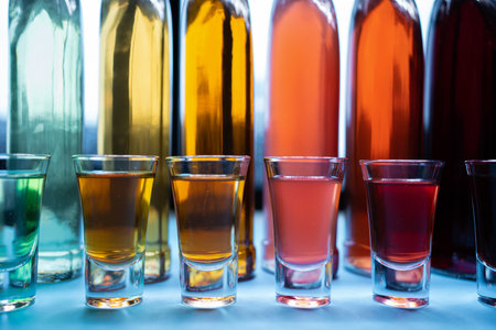 collection set of colored alcohol tincture or liquor with shot glass and bottlesの写真素材