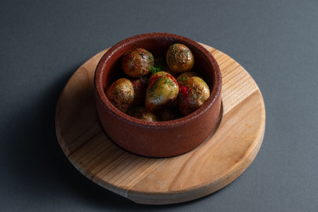 roasted potatoes with herbs and spice in clay bowl on black backgroundの写真素材