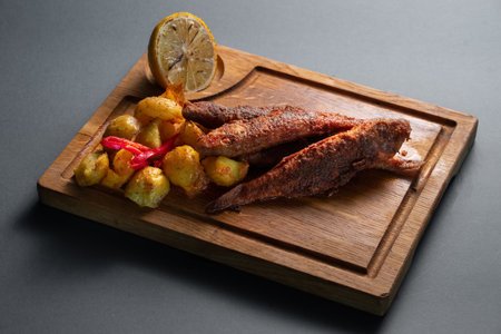 fried surmullet fish with potato and lemon on wooden board on black backgroundの写真素材