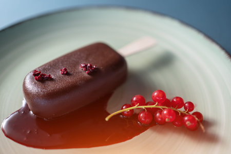 closeup of cake pop dessert or ice cream with stick and chocolate icing on plate