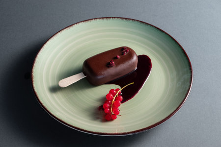cake pop dessert or ice cream covered with chocolate on plate in restaurantの写真素材