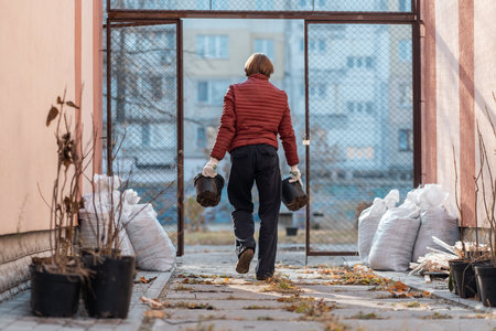 reforestation or man carrying young tree sapling in pots for planting in yardの写真素材