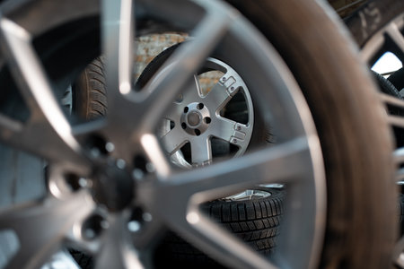 closeup of car tire in auto part warehouseの写真素材