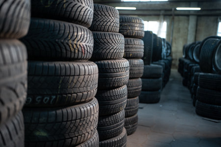 stack of car wheel tires at modern warehouseの写真素材