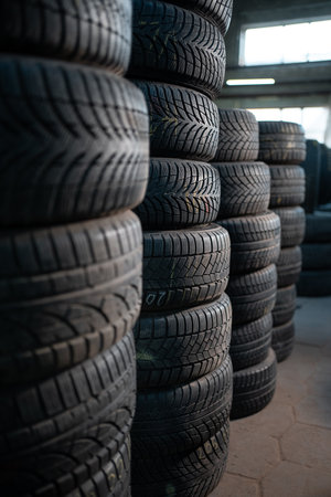 stack of car wheel tires at modern warehouseの写真素材