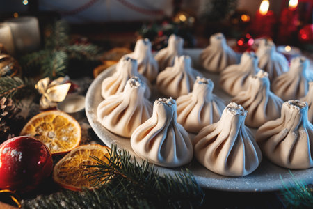 top view of georgian or armenian khinkali food with meat or cheese on christmasの写真素材