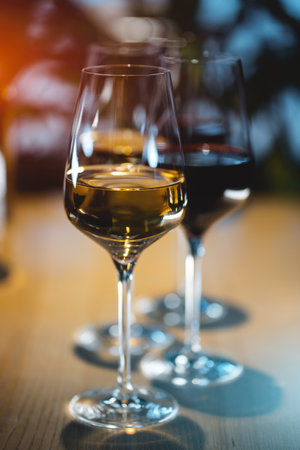 collection of luxury red and white French or Italian wine in bottle and glassの写真素材