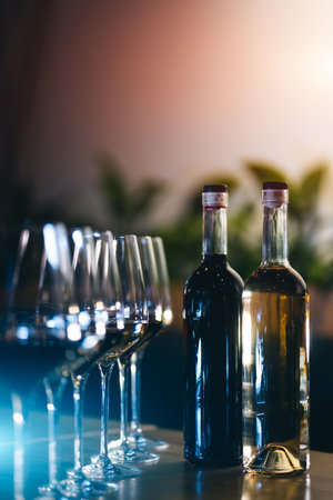 collection of luxury red and white French or Italian wine in bottle and glassの写真素材