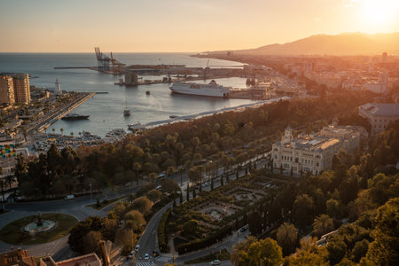 aerial view of city port, park, harbor and downtown of Malaga, Andalusia, Spainの写真素材