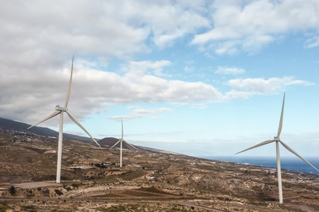 windmills farm, renewable energy wind power generators turbines, aerial viewの写真素材