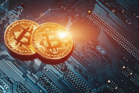 golden bitcoin cryptocurrency coin on electronic chip backgroundの写真素材