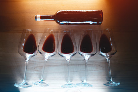 collection of luxury red French or Italian wine in bottle and glassの写真素材