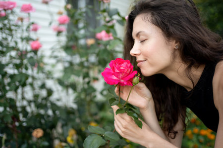 pretty brunette female smelling bloom roses and enjoying in garden outdoorsの写真素材