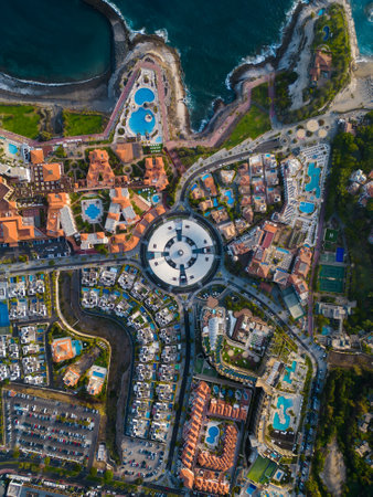 aerial view of Costa Adeje hotels and resorts with Plaza Del Duque shopping mallの写真素材